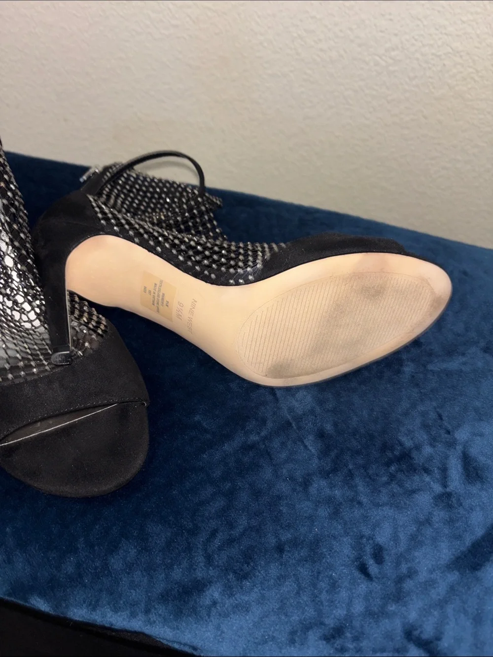 Nine West Black Mesh Rhinestone Ankle Strap Heels